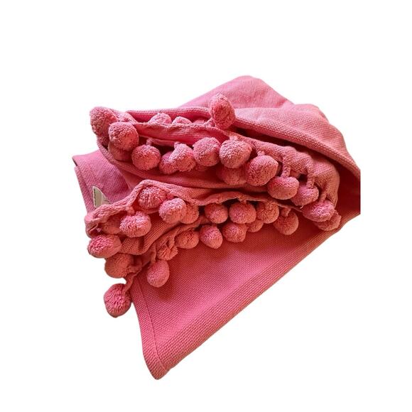 Pottery Barn Teen PINK Throw Blanket Organic Cotton pom poms - Picture 3 of 6